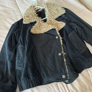 Free People Black Jacket with Tan Faux Fur Collar